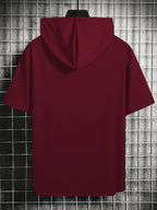 Men's Hooded T-Shirt, Coconut Tree Sunset Print Hoodie, Vacation Casual Style, Summer Outfit, Casual Short-Sleeve Hooded T-Shirt, Summer Outdoor Casual Short-Sleeve, Vintage Fashion Trend, Spring-Summer Vacation Outdoor Wear, Suitable for Parties - Burgundy