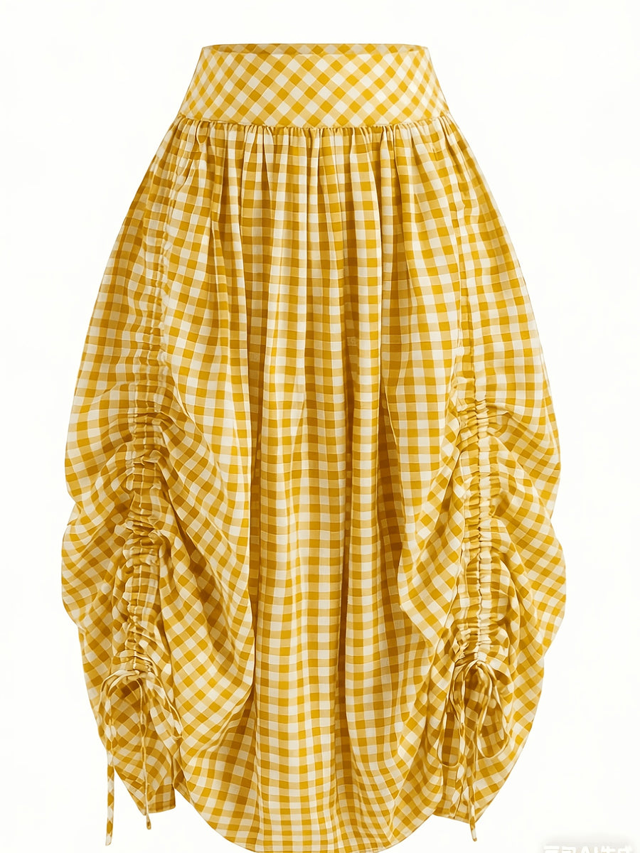 Women's French-Style Plaid Casual Ruffle Hem Drawstring Versatile Skirt, Suitable for Dates, Beach, and Other Occasions - orange yellow