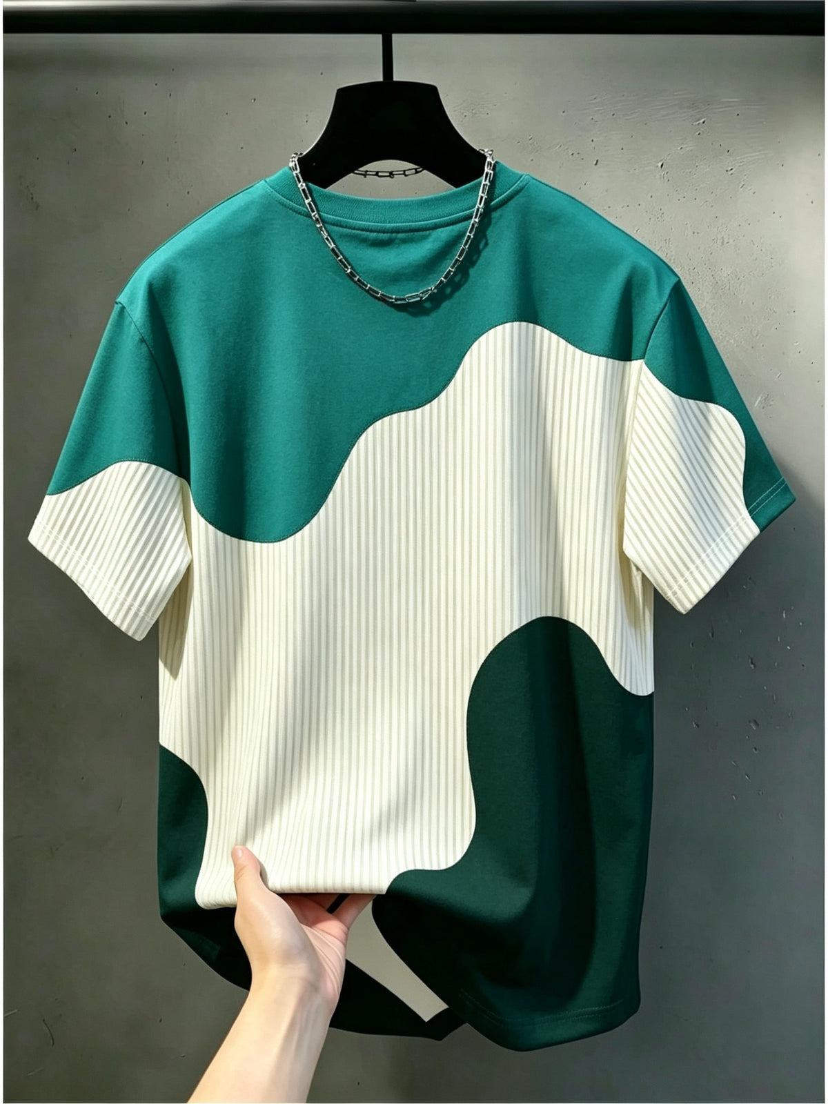 [Printed Design - Non-Textured] Men'S Casual Round Neck T-Shirt, Geometric Pattern Patchwork Striped Design, "Chicago" Word Pattern, Drapey Fashion Top, All-Season Wear, Breathable Regular Fit for Casual And Formal Outfits - Round Neck Casual Top - Mixed Color 4