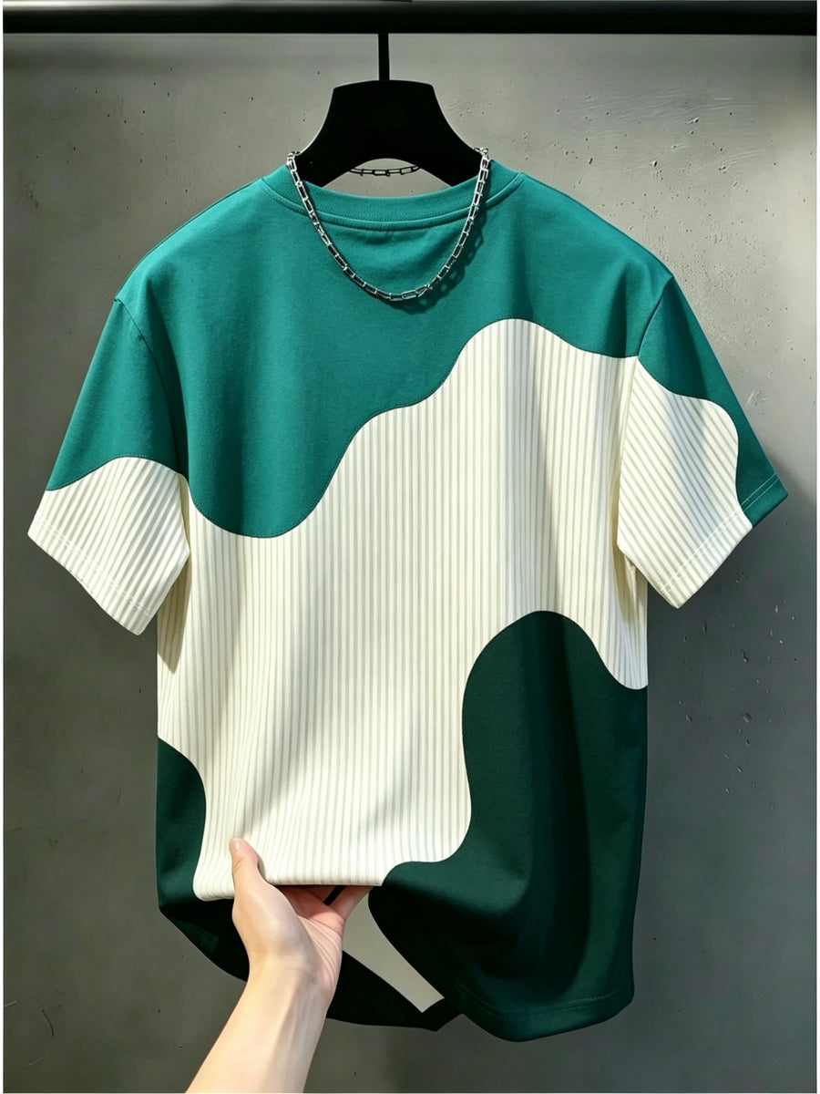 [Printed Design - Non-Textured] Men'S Casual Round Neck T-Shirt, Geometric Pattern Patchwork Striped Design, "Chicago" Word Pattern, Drapey Fashion Top, All-Season Wear, Breathable Regular Fit for Casual And Formal Outfits - Round Neck Casual Top - Mixed Color 4