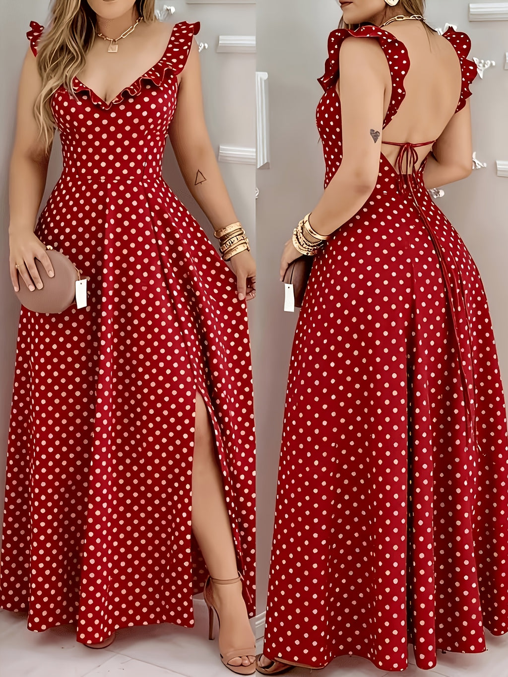 Plus Size - Plus Size - Plus Size Elegant Red Polka Dot Dress for Women - Red