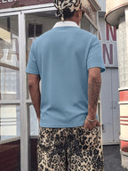 Men'S Summer Contrast Heavyweight Side-Button Short Sleeve Polo Shirt, Precision Stitching Contrast Lapel Breathable Stiff Top, Wrinkle-Resistant Slimming Stylish Fit, Non-Picky Body Shape, Commute Casual Premium Quality Basic Men'S Wear - Peacock Blue