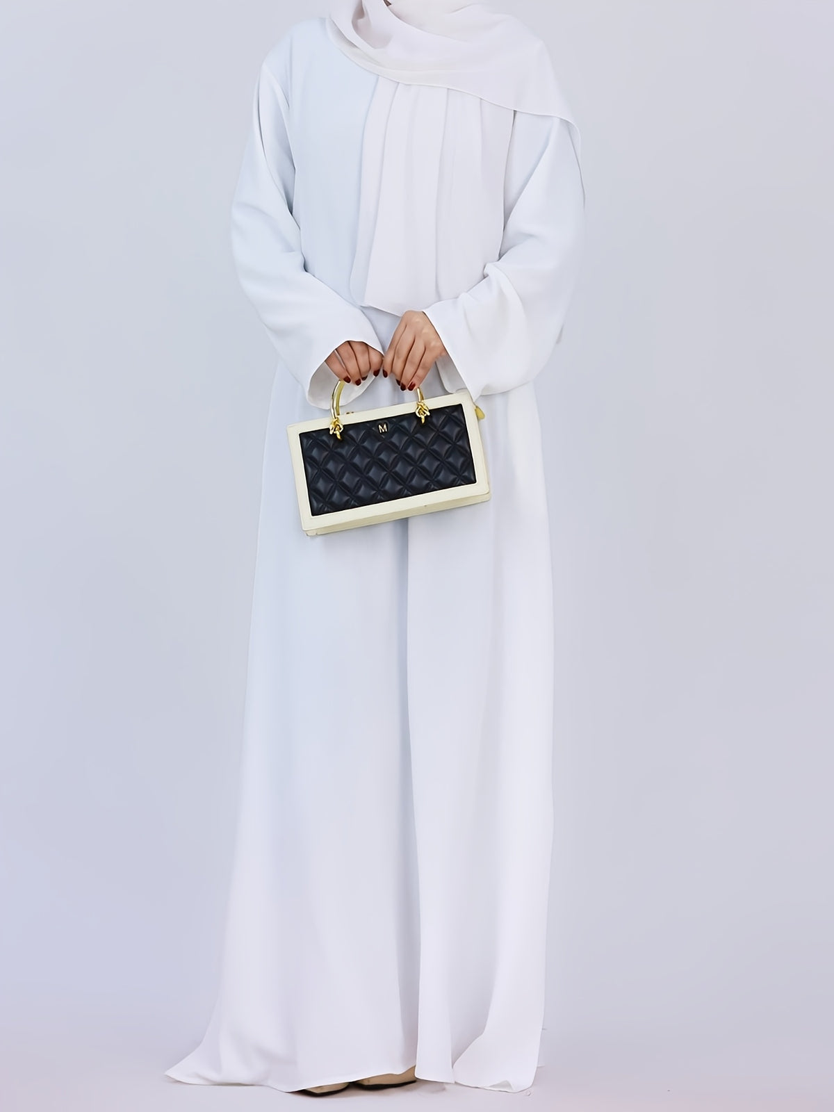 1pc Women Solid Color Long Sleeve Abaya Maxi Dress, Loose Modest Long Kaftan with Side Pockets, Elegant Full Length Muslim Casual Long Dress for Daily Wear - White