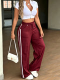 Women's Elastic High-Waist Drawstring Side Seam Drawstring Accent Casual Pants - Burgundy