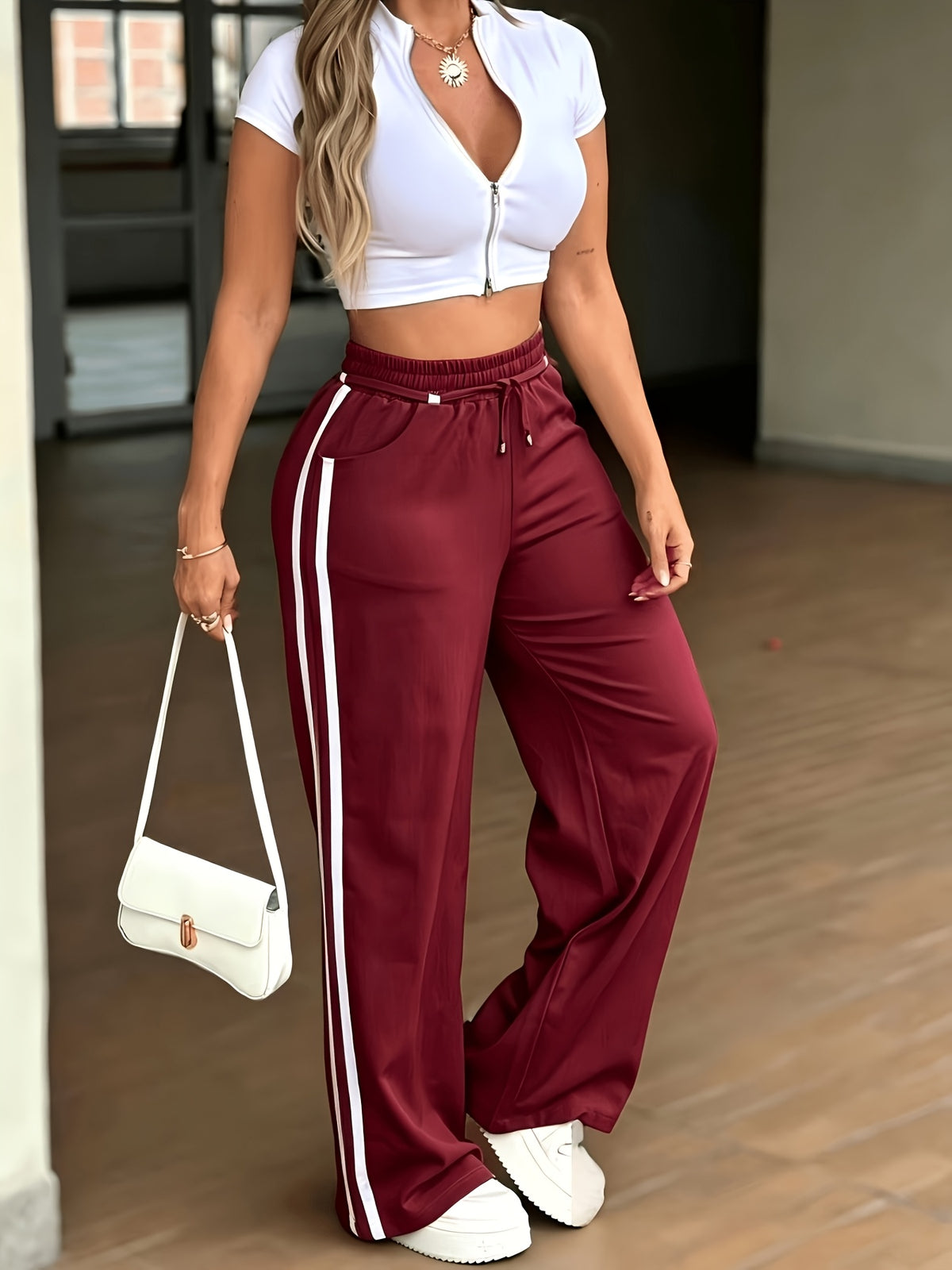 Women's Elastic High-Waist Drawstring Side Seam Drawstring Accent Casual Pants - Burgundy