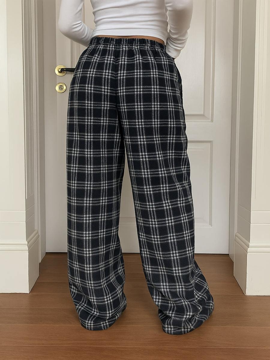 Women'S Plaid Print Loose Wide Leg Pants | Casual Drawstring Elastic Waist, Suitable for Fall/Winter Weekend Outings - Black