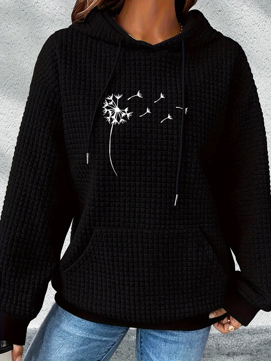 Valentine's Day 2026 New Summer Promotion Fashionable, Commuting, Daily Outfit, Casual Yet Appropriate, Elegant, People, Waffle Women's Drawstring Hooded Sweatshirt Casual Loose Printed Sweatshirt - Black