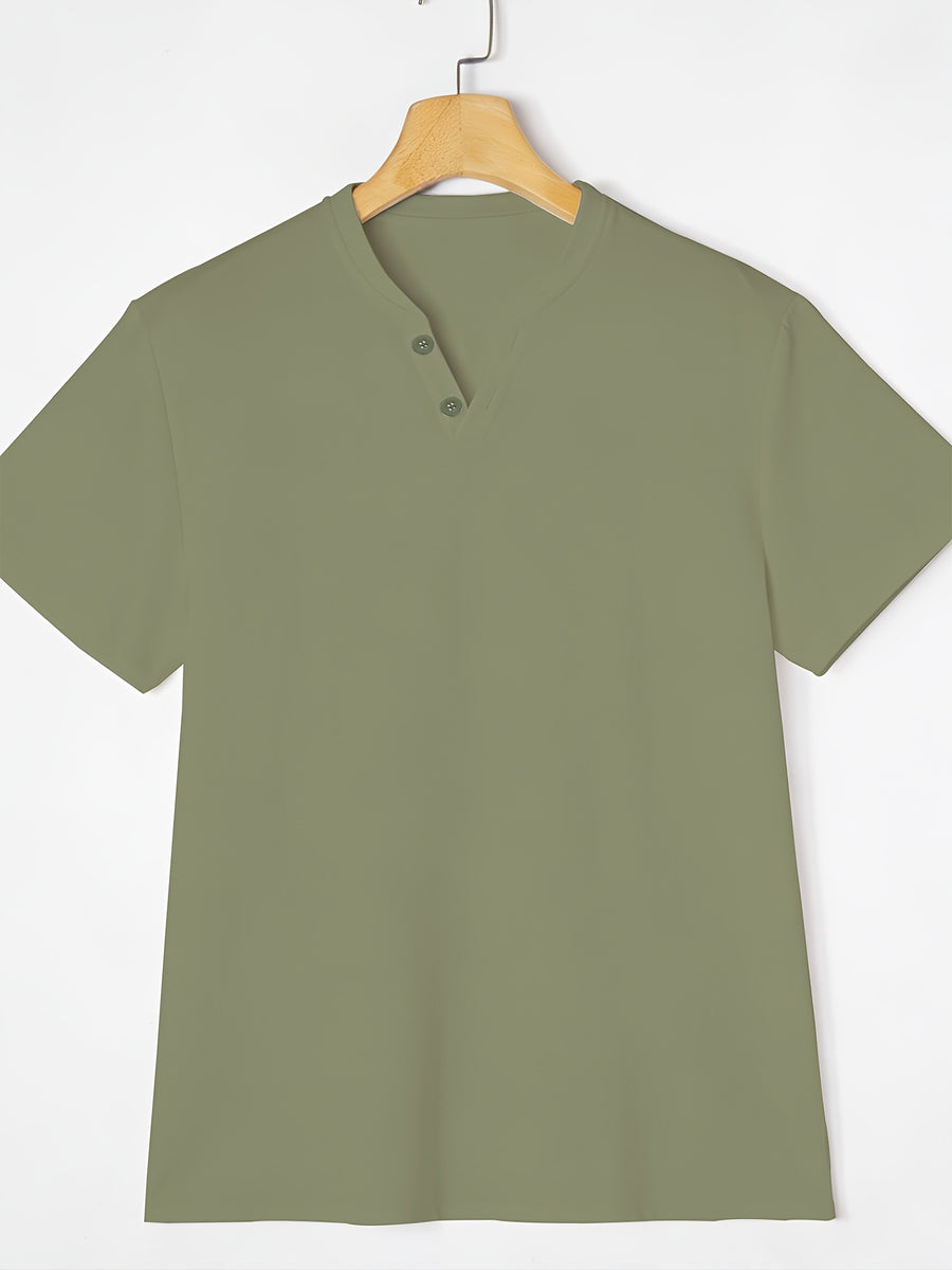 Men'S Summer Solid Short Sleeve T-Shirt, Button-Up V-Neck Casual Top, Soft And Comfortable Linen Fabric, Suitable for Daily Home And Outdoor Wear - Green