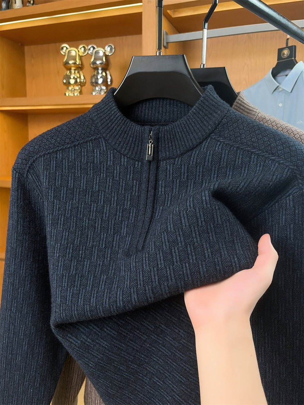 Autumn Winter Knit 3D Solid Round Neck Half-Zip Sweater, Basic Knit Pullover Top for Men, Fashionable Long Sleeve HJ - Blue