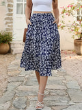 Floral Print Elastic Waist Midi Skirt, Bohemian Flared Skirt with Pockets, Women's Clothing - Navy Blue + White