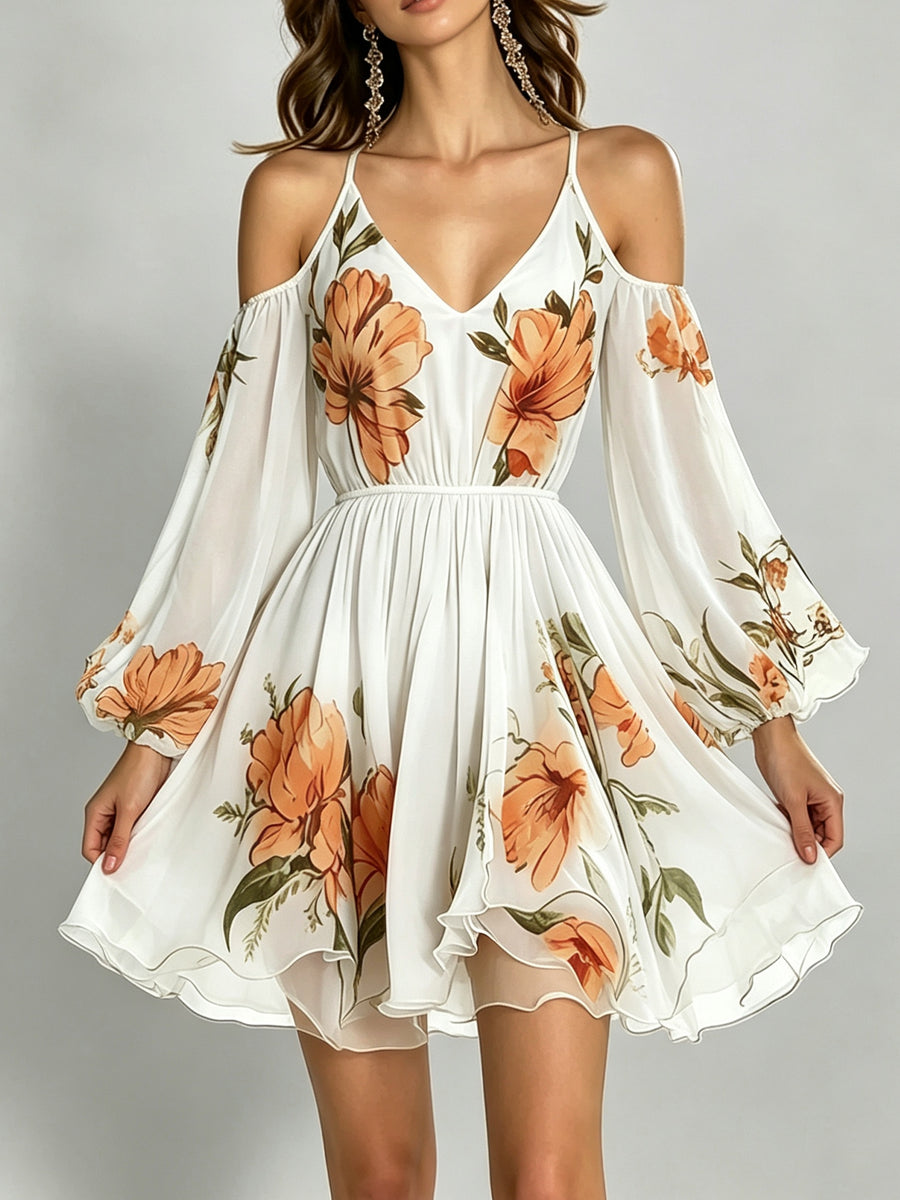Women's Spring/Summer Casual Elegant Vacation Off-Shoulder V-Neck Printed Flared Sleeve Mini Dress ZLLZ - White