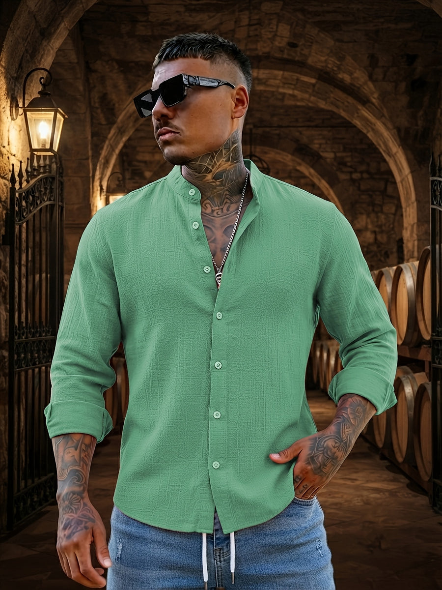 Men's Solid Color Casual Stand Collar Button- Long Sleeve Shirt. The Solid-colored Fabric Offers a Comfortable Feel, Making It a Great Gift for a Husband or Boyfriend for Home, Outings, Travel, and Beach Vacations. Men's Long Sleeves, Men's Tops - Green