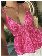 Elegant Exquisite Women's Pink Print Deep V-Neck Spaghetti Strap Elastic Waist Ruffle Hem Sleeveless Top Fashion Temperament Piece for Vacation Beach Party Casual - Red