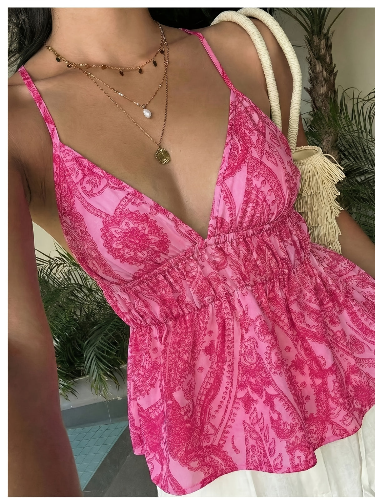 Elegant Exquisite Women's Pink Print Deep V-Neck Spaghetti Strap Elastic Waist Ruffle Hem Sleeveless Top Fashion Temperament Piece for Vacation Beach Party Casual - Red