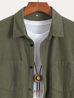 Men's Corduroy Shirt - American Retro Solid Color Long Sleeve Shirt for Men, Casual Wrinkle-Resistant Non-Iron Corduroy Shirt with Two Pockets, Trendy Versatile Corduroy Jacket for Sports, Outdoor, and Daily Wear. - Olive Green Color