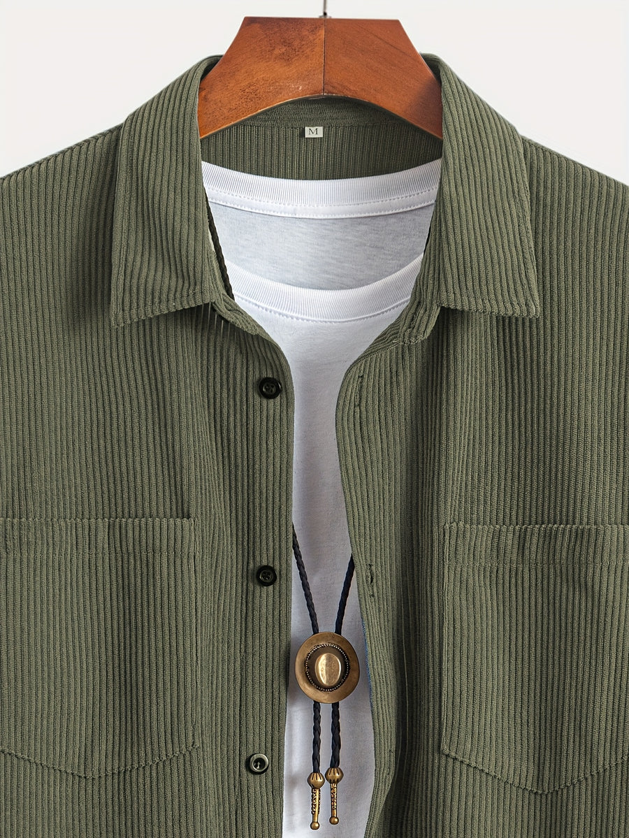 Men's Corduroy Shirt - American Retro Solid Color Long Sleeve Shirt for Men, Casual Wrinkle-Resistant Non-Iron Corduroy Shirt with Two Pockets, Trendy Versatile Corduroy Jacket for Sports, Outdoor, and Daily Wear. - Olive Green Color