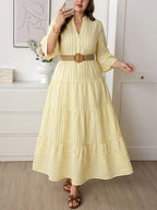 Plus Size Women'S Stand Collar V-Neck Layered Cake Dress, Yellow White Pinstripe Gentle Style Dress, Suitable for Vacation Outings, Fresh Casual Style, Fine Vertical Stripes Pattern, Women'S Clothing, Women'S Dress, Pastoral Vacation Style - Multicolor