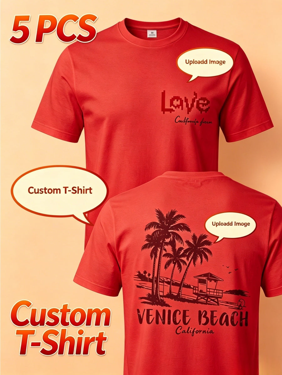 Summer Men's 5pcs Pure Cotton Short-Sleeve T-Shirts, Classic Crew Neck Versatile Basic Style, Soft Breathable Regular Fit, Custom Print Patterns Available, Ideal for Daily Wear, Team Apparel, and Commemorative Work Uniforms - Red