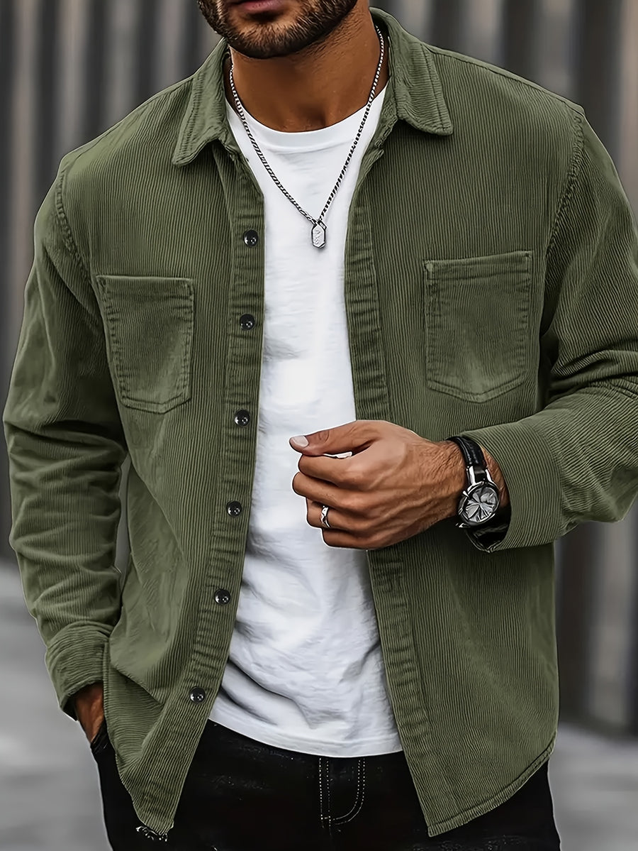 Men's Corduroy Shirt - American Retro Solid Color Long Sleeve Shirt for Men, Casual Wrinkle-Resistant Non-Iron Corduroy Shirt with Two Pockets, Trendy Versatile Corduroy Jacket for Sports, Outdoor, and Daily Wear. - fern green