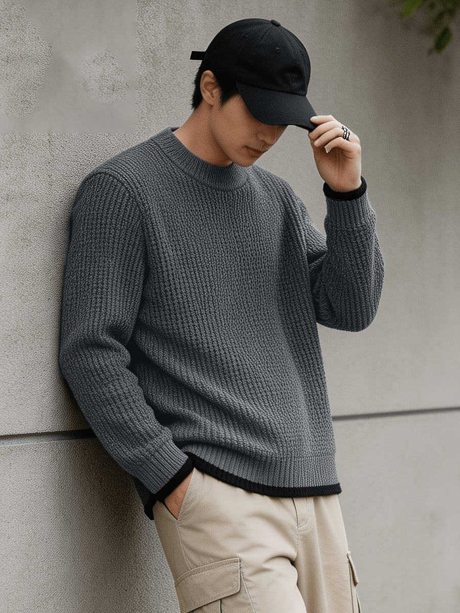 Autumn Winter Men'S Waffle Knit Round Neck Pullover Sweater, Faux Two-Piece Color Blocked Trim Long Sleeve Knit Top, Loose Drop Shoulder Warm Sweater, Suitable for Daily Commute Casual Wear - Charcoal