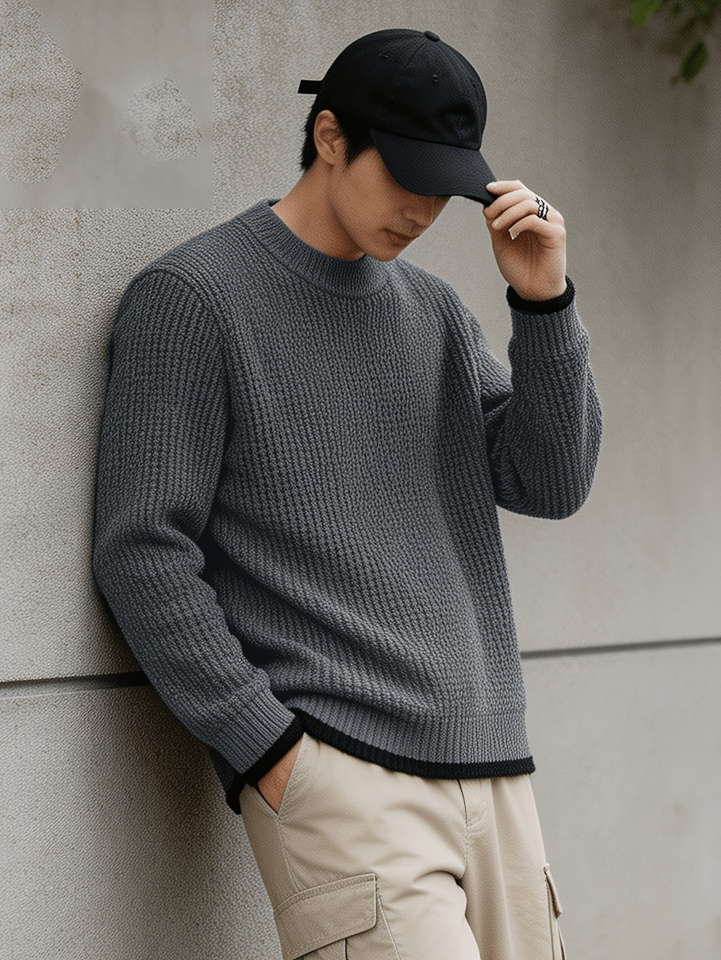 Autumn Winter Men'S Waffle Knit Round Neck Pullover Sweater, Faux Two-Piece Color Blocked Trim Long Sleeve Knit Top, Loose Drop Shoulder Warm Sweater, Suitable for Daily Commute Casual Wear - Charcoal