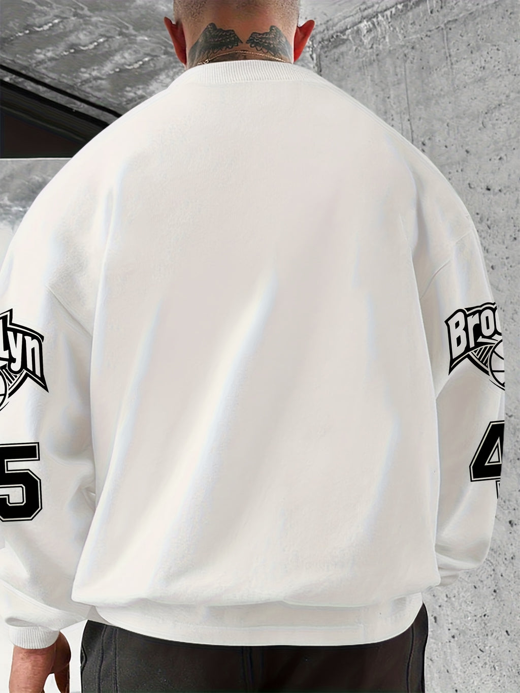 Men'S Fashion Casual "Brooklyn Victory" Letter Print Sweatshirt, Polyester Fabric, Loose Fit, Versatile Men'S Sweatshirt - White