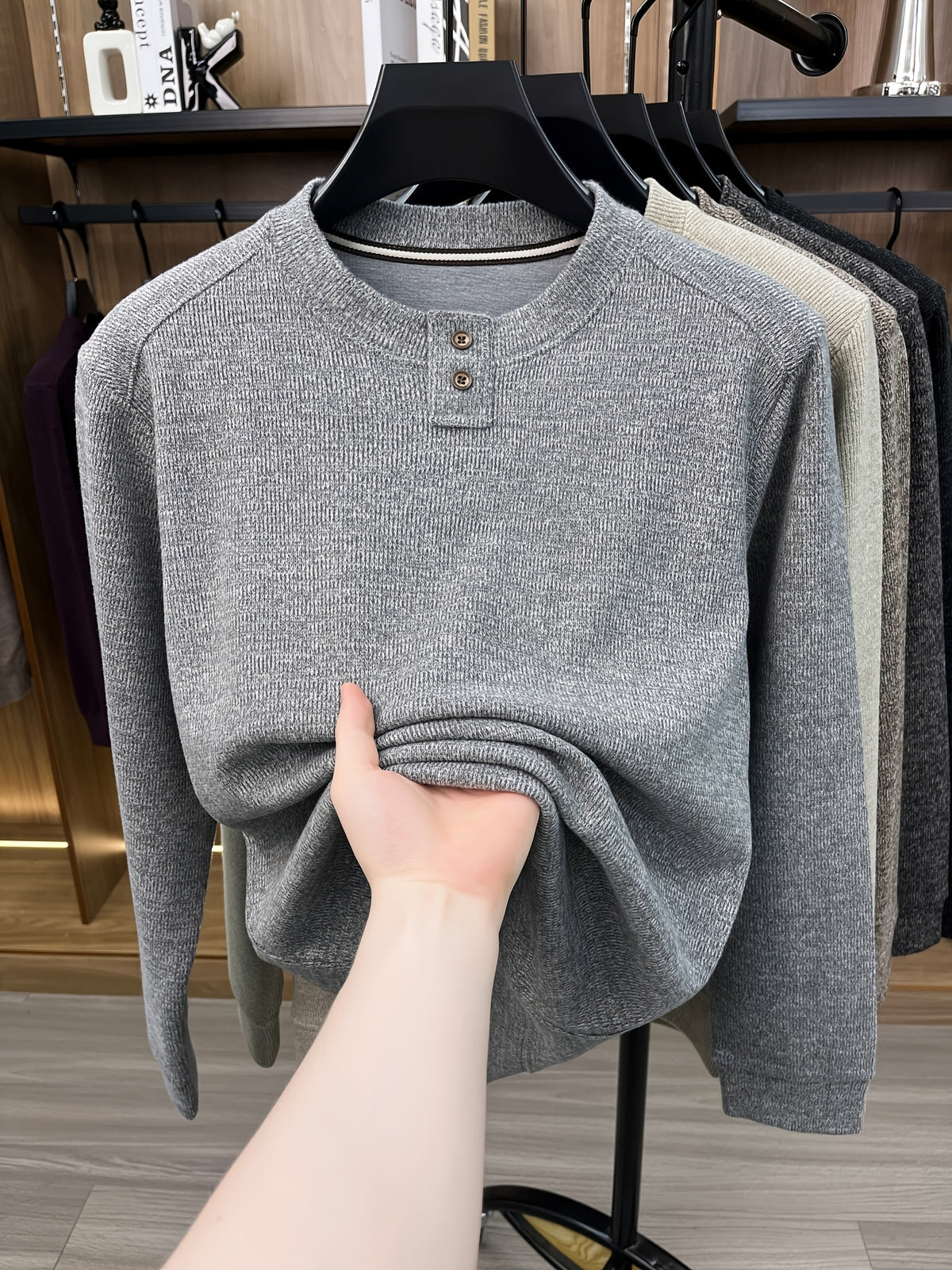 Du Jing Lan OBM 1pc Autumn/Winter New Arrival Men's Knitted Pullover, Old Money Style Solid Color Striped Crew Neck Long Sleeve Knit Pullover, Men's Business Casual Fashion Striped Sweater, Suitable for Layering or Wearing as an Inner Layer - Light Grey