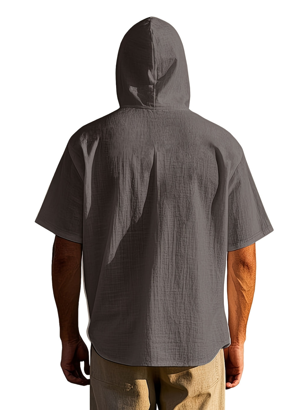 Men's Short Sleeve Hooded Shirt, Casual Button Hoodie Top with Chest Pocket, Lightweight Breathable Summer Shirt for Beach Vacation, Travel, Resort Wear, Outdoor Leisure, Streetwear Style and Daily Casual Outfit - Light Grey