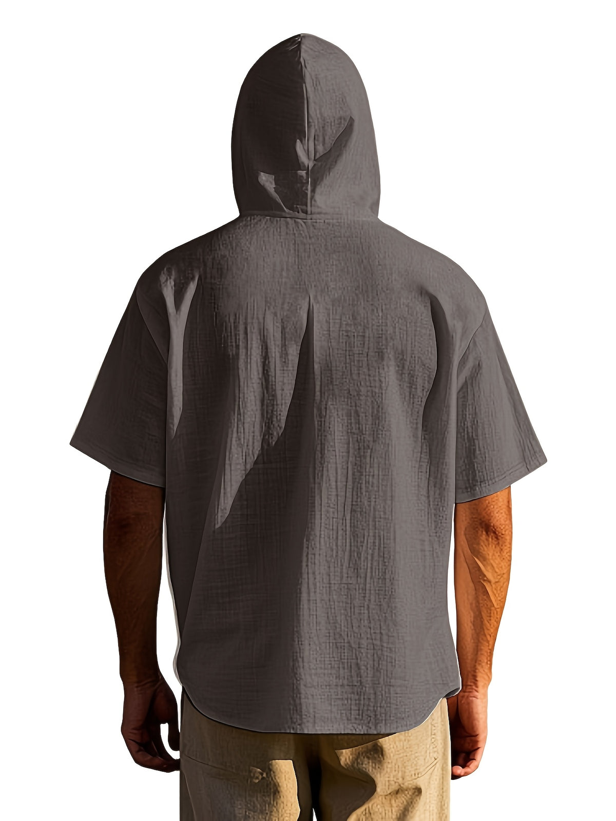 Men's Short Sleeve Hooded Shirt, Casual Button Hoodie Top with Chest Pocket, Lightweight Breathable Summer Shirt for Beach Vacation, Travel, Resort Wear, Outdoor Leisure, Streetwear Style and Daily Casual Outfit - Light Grey