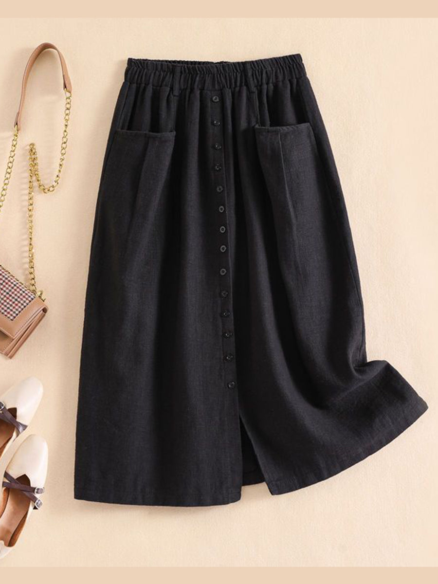 Spring/Summer/Autumn Lightweight Korean-Style Vintage Linen Loose Skirt with Elastic Waistband and Pockets, Mid-Length Women's Skirt - Black