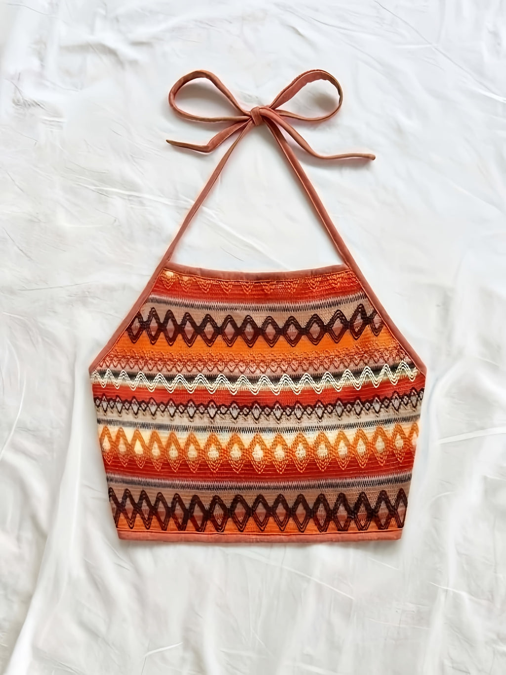 Women'S Vacation-Style Halter Crop Top with Colorful Geometric Stripes, Perfect for Summer Outings, Dates, And Everyday Wear - Orange