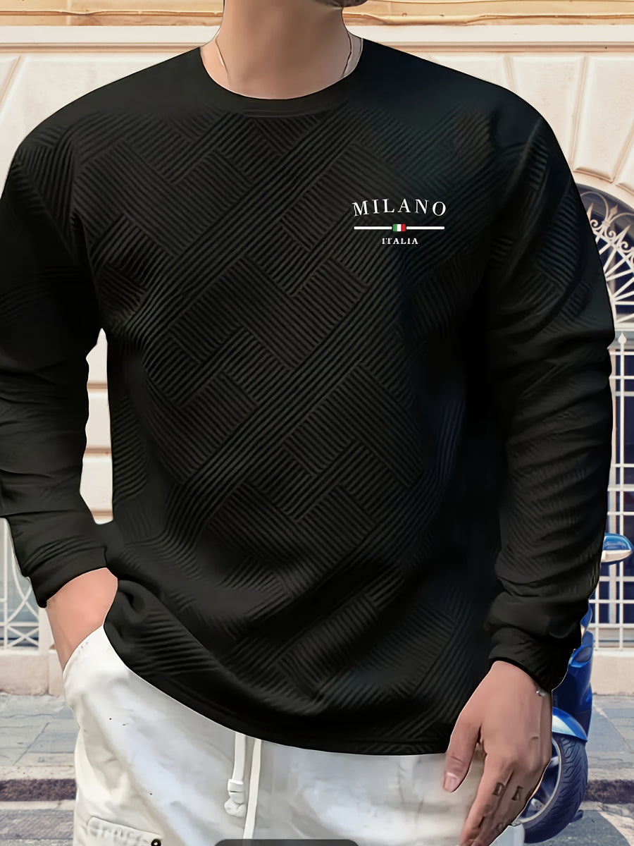 Men'S Spring Autumn Casual Long Sleeve Sweatshirt Daily All-Match Heavy Jacquard Round Neck Sweatshirt, Regular Fit, Outdoor, Crew Neck, Geometric Print - Black