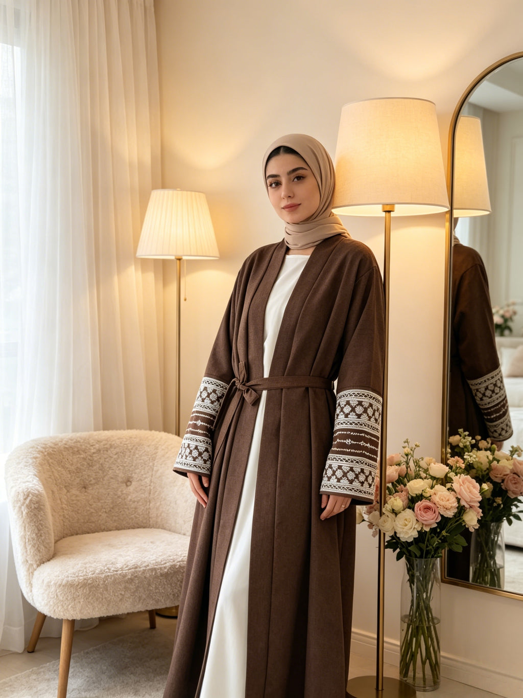 1pc Solid Elegant Casual () Double-Tone Jersey Breathable Supportive Good Fit, Exquisite Embroidery Craft Fashion Abaya Spring Summer Autumn for Women'S Daily Wear - Coffee Color