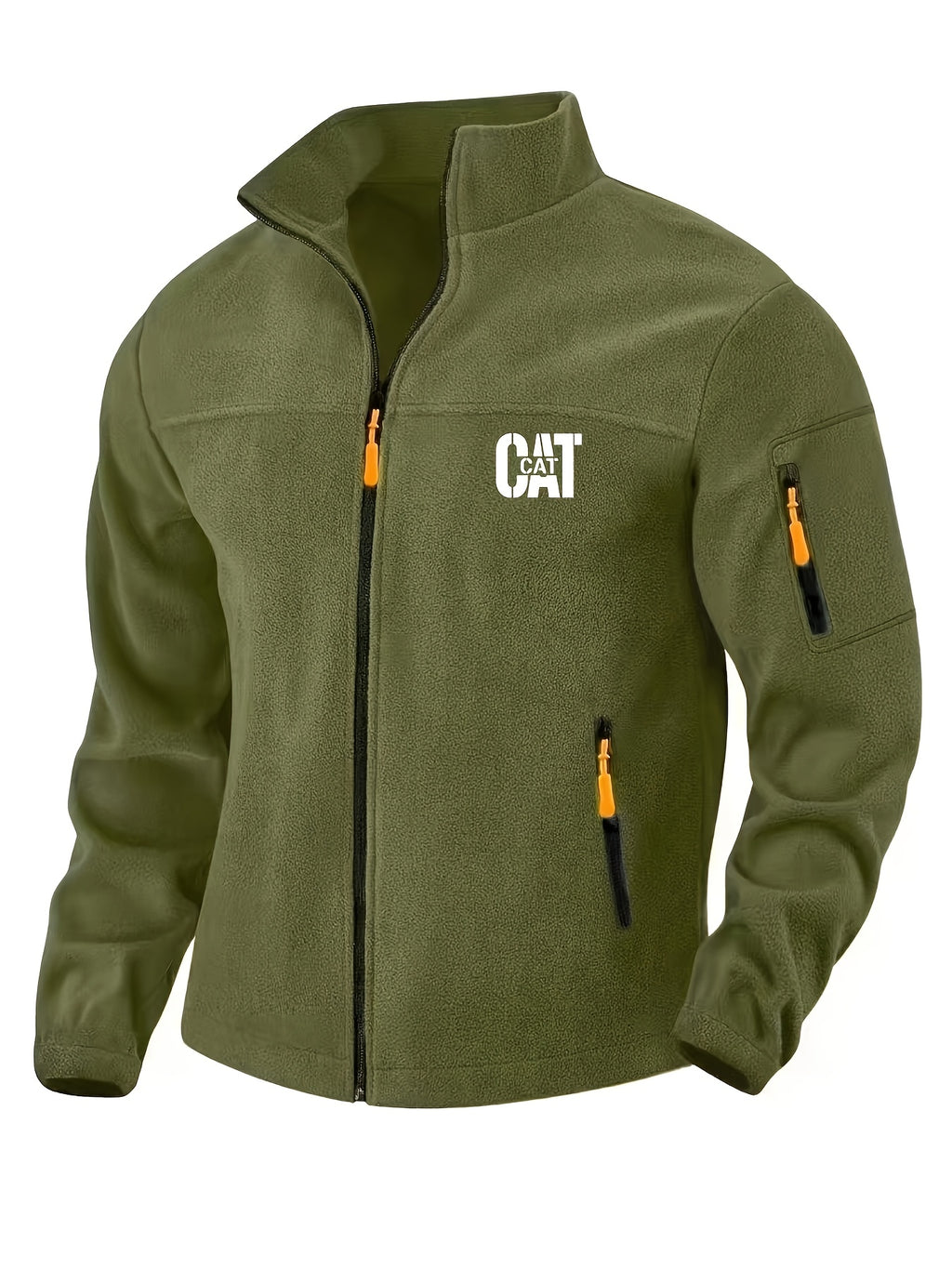 Men'S Autumn Winter New Fleece Lined Stand Collar Zipper Jacket, CAT Letter Print Long Sleeve Jacket, Multi-Pocket Design Casual Commute Trendy Top - Army Green 1