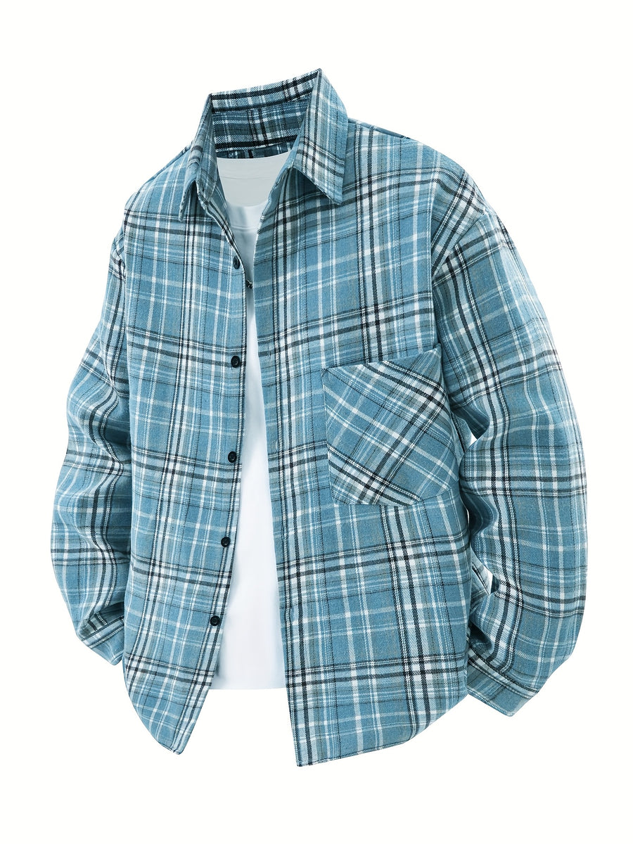 3pcs Set - Men'S Spring/Autumn Lapel Plaid Shirt Youth Outdoor Casual Trendy Top Men'S Fashion Versatile Jacket - Sky blue + dark blue + black