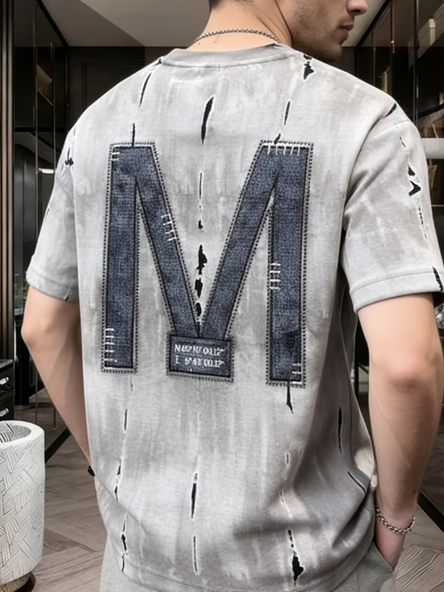 Men's Vintage American Oversized T-Shirt with M Letter Print - Loose Fit Crew Neck Short Sleeve Summer Casual Streetwear Top, Suitable for Casual Attire & Layering, Machine Washable Non- Shirt - Mixed colors