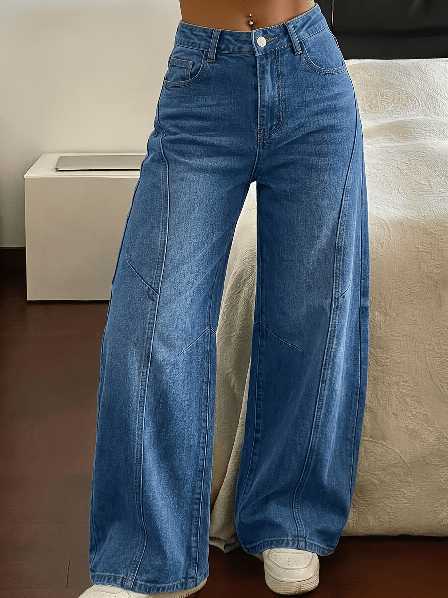 Women'S Casual Stretch Mid-Rise Jeans, Regular Straight Fit with Slit-Patchwork And Leg Design, Easy Fashionable All-Match Straight Trousers - Medium Blue