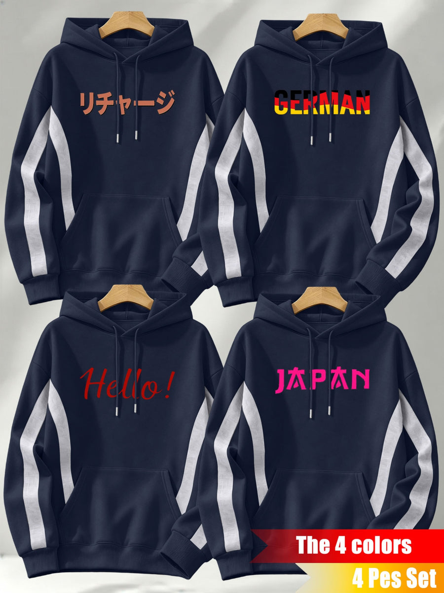 4pcs 2026 Autumn/Winter Men's Street Style Hooded Sweatshirt with Diagonal Contrast Color Line Cutting on Sleeves, Long Sleeves, Adjustable Drawstring, Large Capacity Kangaroo Pocket for Phone Storage, Skin-Friendly and Warm, Versatile Pullover - Navy Blue+Navy Blue+Navy Blue+Navy Blue