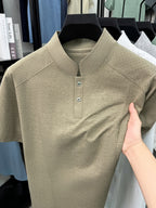 Men's New Summer Casual Stand Collar T-Shirt, Simple and Stylish Thin Breathable Versatile Short Sleeve Tee - Khaki 1