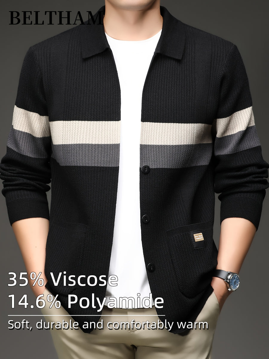 New Autumn Winter Men'S Striped Knit Cardigan, Ideal Gift for Dad And Husband, Lapel Collar Button Design, Soft Comfortable Knit Sweater, Minimal Elegant Versatile Top Cardigan Coat for Daily Outing Business Casual Camping Wear - Black
