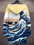 Vintage Japanese Art Wave Pattern Printed Fashion Men's Plush Thick Long-Sleeved Cardigan Coat Winter Warm Zipper Hooded Coat - Off-white