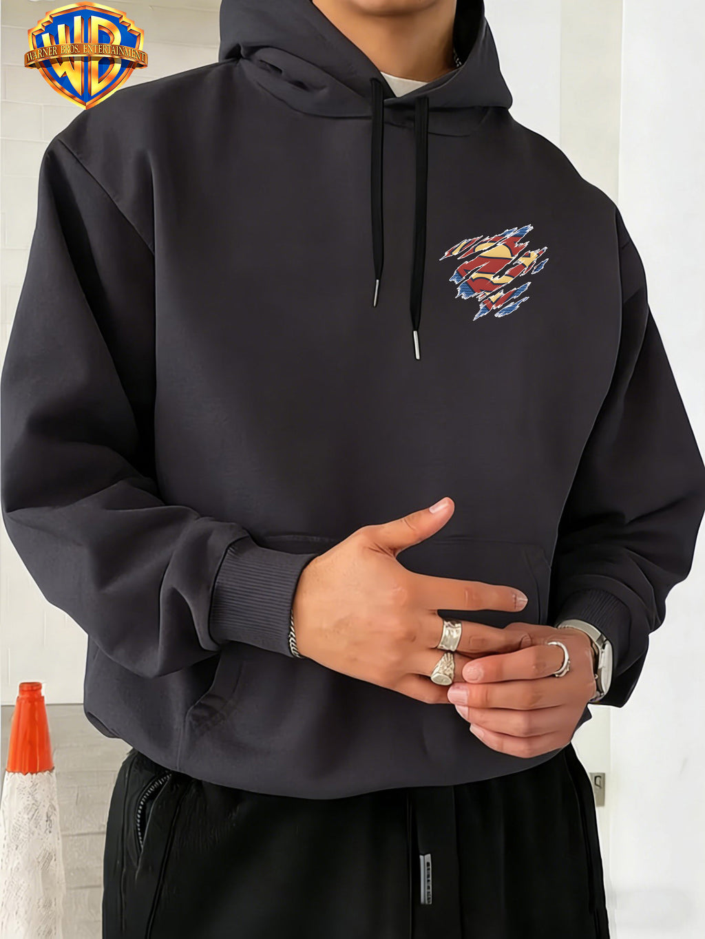 Warner Bros. DC Superhero Group Pose Multi-Character Collaboration Hot-Blooded Comic Style Cool Print Men's Fashion Hooded Sweatshirt, Sleeve Print Design, Kangaroo Pocket, Drawstring Hood, Suitable for Daily Wear and Outdoor Sports, an Excellent - Dark Gray