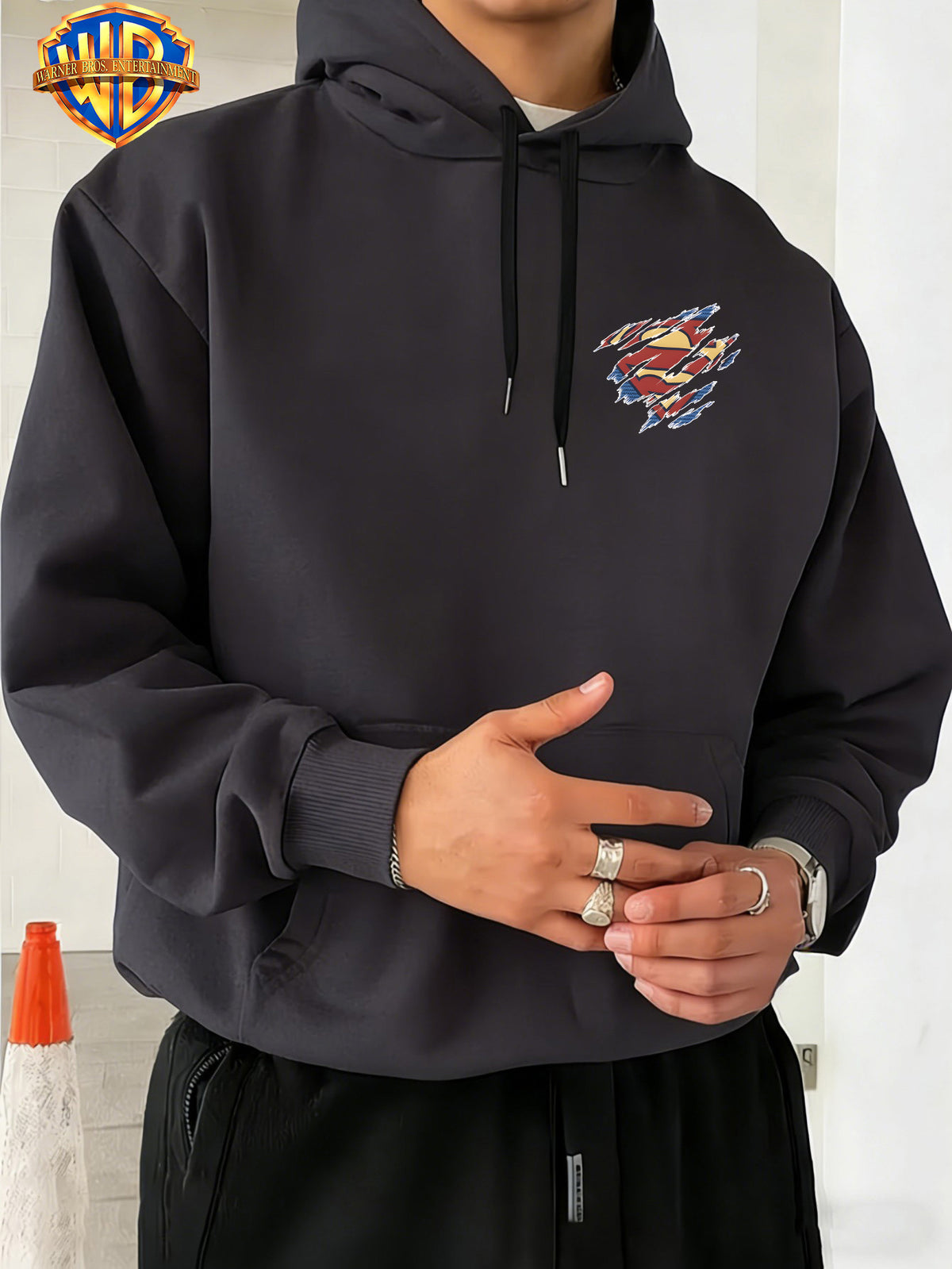 Warner Bros. DC Superhero Group Pose Multi-Character Collaboration Hot-Blooded Comic Style Cool Print Men's Fashion Hooded Sweatshirt, Sleeve Print Design, Kangaroo Pocket, Drawstring Hood, Suitable for Daily Wear and Outdoor Sports, an Excellent - Dark Gray