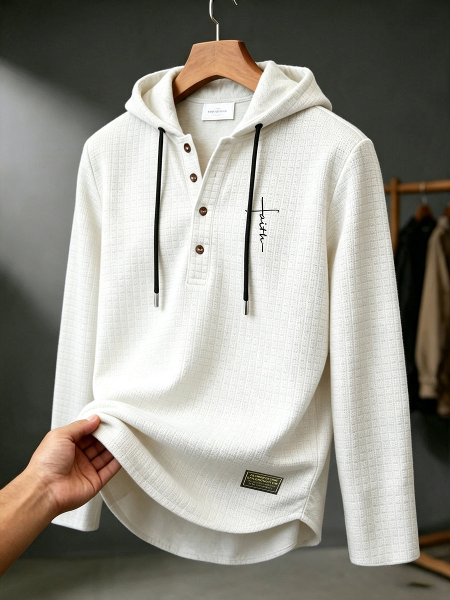 [Villa Le Water OBM] BOWZ Men'S Fashion Hoodie, Small Checkered Jacquard Texture Hooded Sweatshirt, Long Sleeve Henley Half-Button Placket with Black Drawstring Hood, Personalized Patchwork Hem, Slightly Loose Curved Hem Fit - White