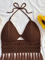 Spring Summer New Women'S Vacation Style Crochet Halter Top Solid Color Tassel Trim Hollow Out Beach Top, Bohemian Style, Date Outing, Valentine'S Day Gift, Music Festival Outfit, Mother'S Day, Beach Vacation [ASD1] - Coffee Brown