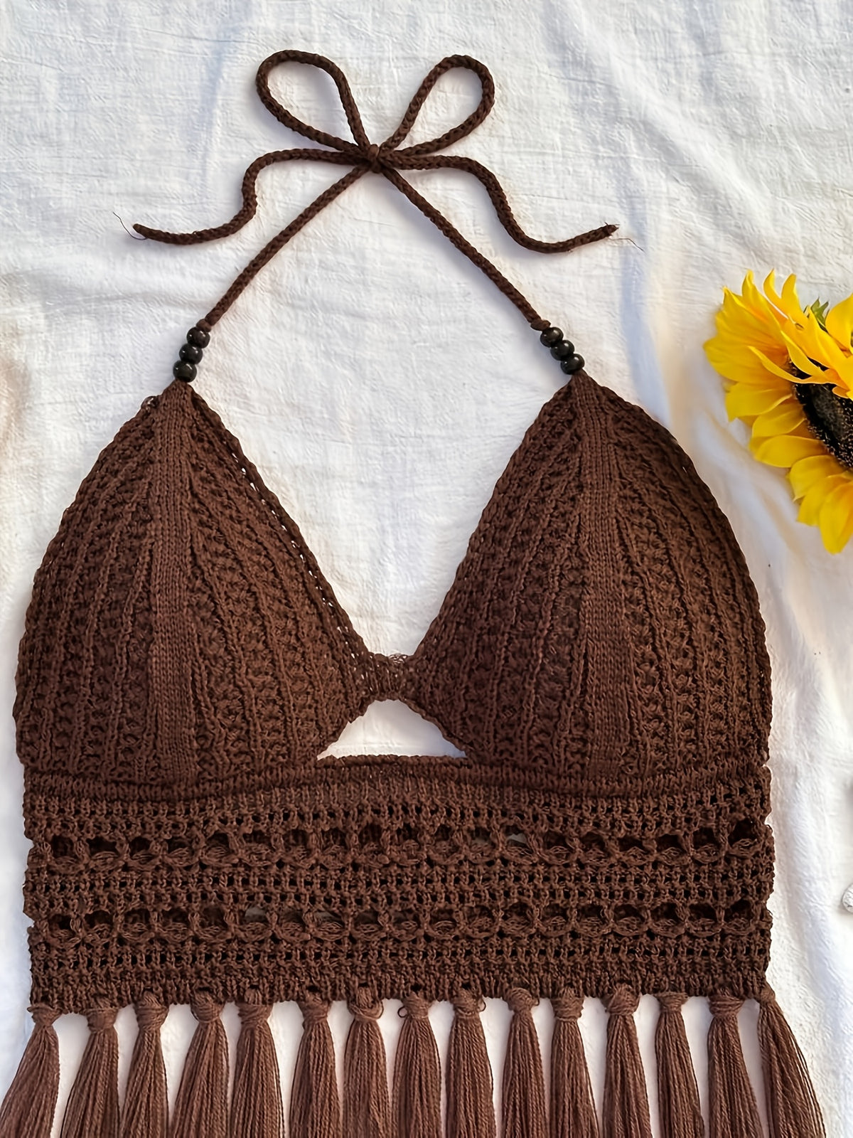 Spring Summer New Women'S Vacation Style Crochet Halter Top Solid Color Tassel Trim Hollow Out Beach Top, Bohemian Style, Date Outing, Valentine'S Day Gift, Music Festival Outfit, Mother'S Day, Beach Vacation [ASD1] - Coffee Brown