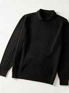 Single-piece Men's Black Heavyweight Knit Polo Sweater with Lapel, Small V-Neck Opening, Vertical Ribbed Texture, Solid Color, Ribbed Cuffs, Simple Business Style, Loose Drop-Shoulder Fit for Autumn/Winter, Suitable for Commuting, Work, and Daily - Black