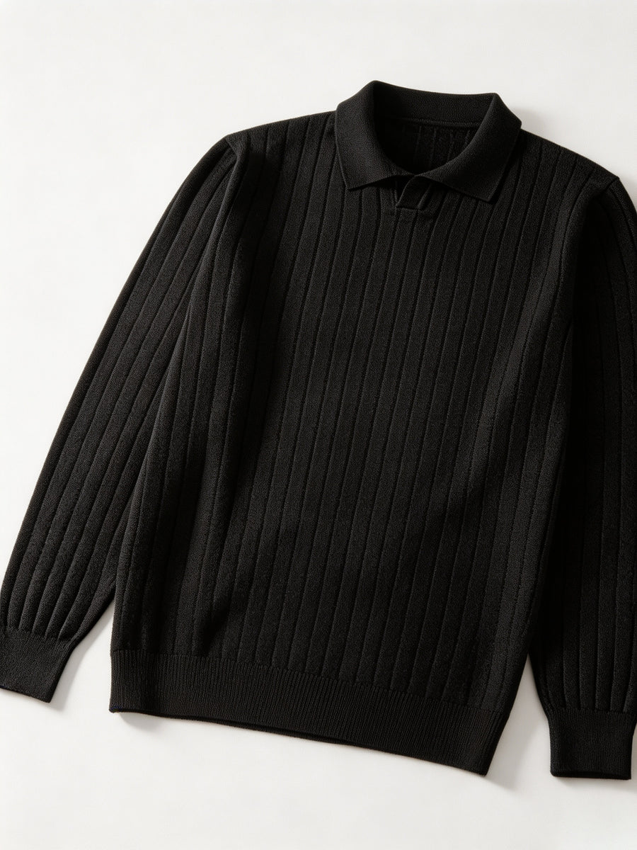 Single-piece Men's Black Heavyweight Knit Polo Sweater with Lapel, Small V-Neck Opening, Vertical Ribbed Texture, Solid Color, Ribbed Cuffs, Simple Business Style, Loose Drop-Shoulder Fit for Autumn/Winter, Suitable for Commuting, Work, and Daily - Black