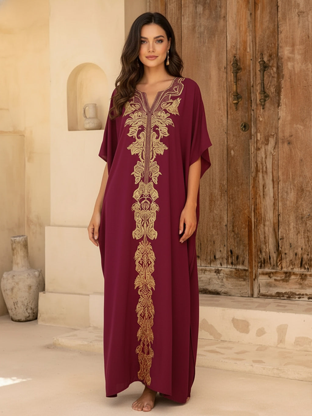 Luxury Golden Embroidered Maxi Dress Women's Loose Fit Burgundy Sexy V-Neck Flowy Robe Beach Vavation Cover Up Q1808 - Red
