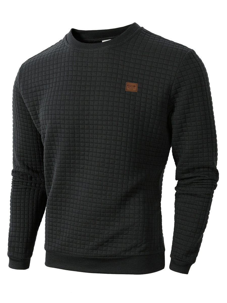 Men'S Knit Round Neck Solid Small Checkered Pullover Sweatshirt, Casual Easy Fashion Trendy Square Premium Men'S Clothing - Black